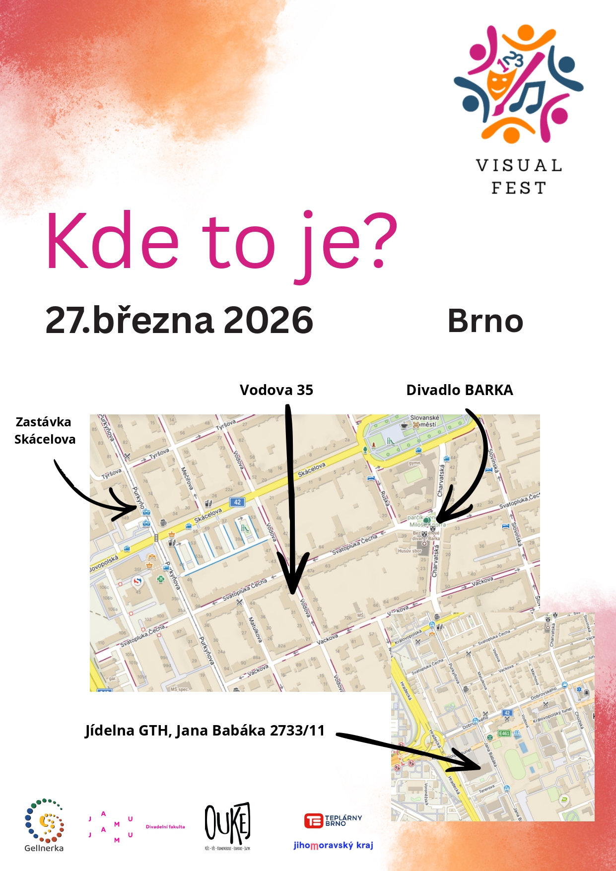 Mapa: zastávka Škácelova, Vodova 35, divadlo Barka a jídelna GTH na ulici Jana Babáka 2733/11 v Brně