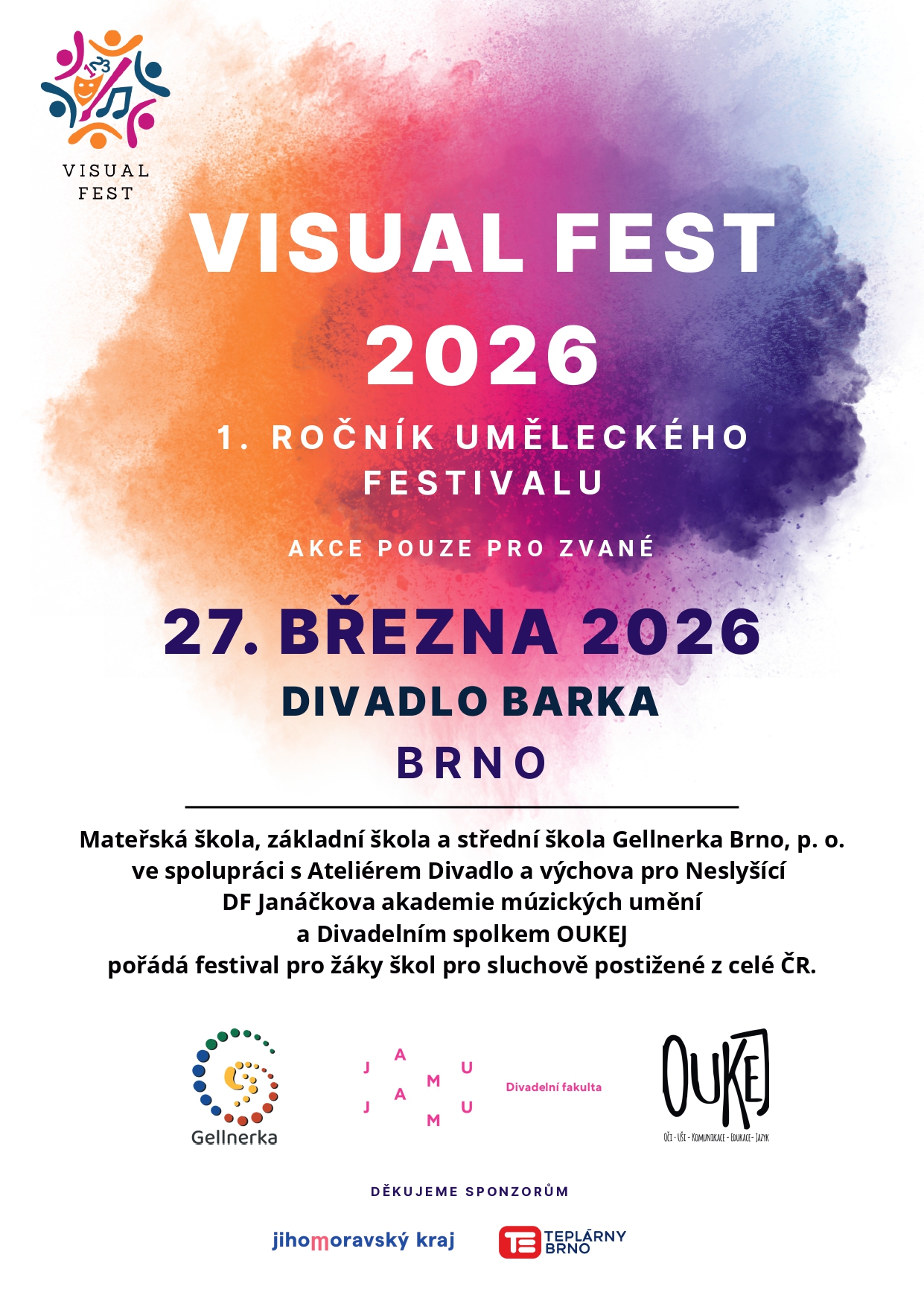 Plakát Visual Fest 2026 – 1. ročník uměleckého festivalu pro žáky škol pro sluchově postižené, 27. března 2026, Divadlo Barka, Brno