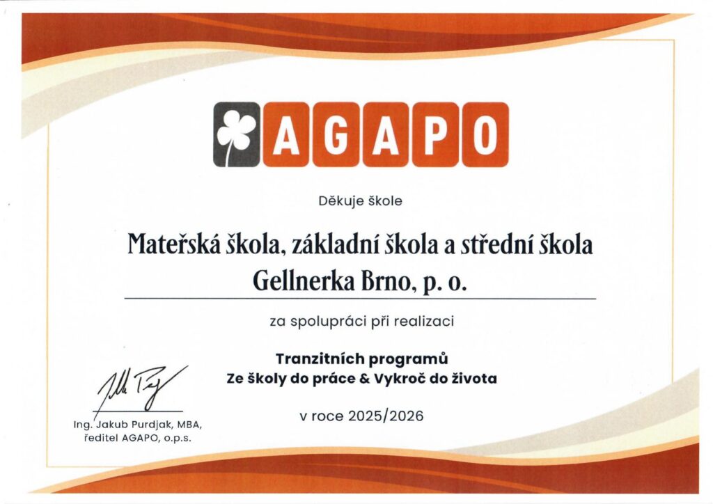 Poděkování AGAPO, o.p.s. škole Gellnerka za spolupráci při realizaci tranzitních programů Ze školy do práce a Vykroč do života v roce 2025/2026